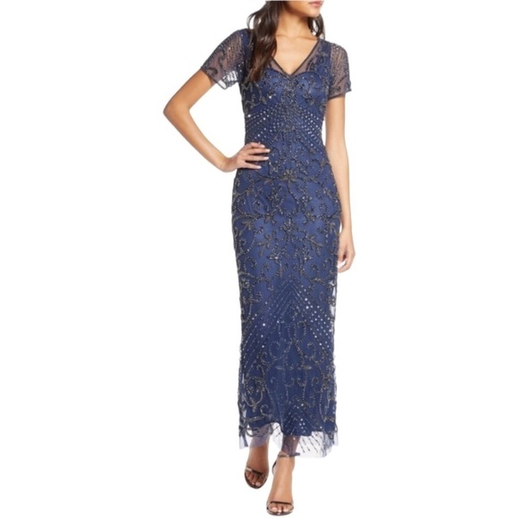 NWT Pissaro Nights Size 2 Beaded Mesh Column Formal Gown Blue - Picture 1 of 7